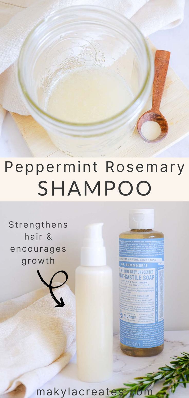 Image 1: Glass mason jar with wooden spoon for mixing shampoo together. Image 2: Homemade shampoo stored in a small shampoo pump bottle. Next to it is a bottle of unscented castile soap and rosemary sprigs. Rosemary Shampoo, Shampoo Recipe, Homemade Shampoo, Diy Shampoo, Baking Soda Shampoo, Homemade Hair Products, Homemade Soap Recipes, Castile Soap, Homemade Bath Products