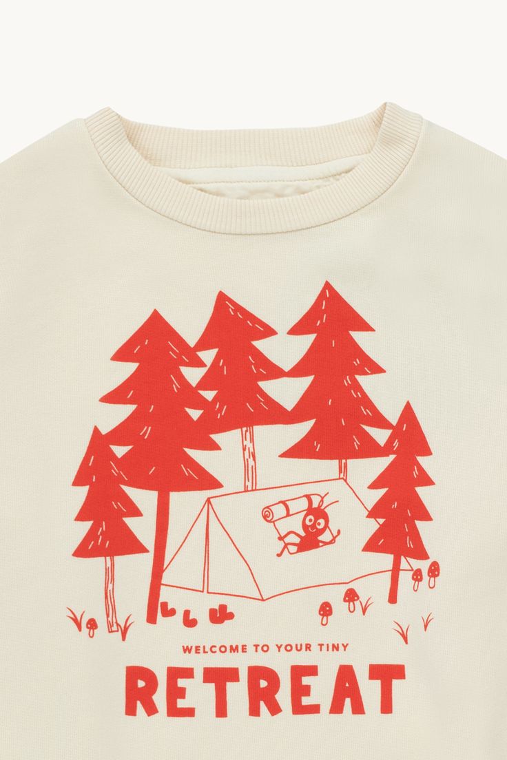 a t - shirt with an image of a tent in the woods that says, welcome to your tiny retreat