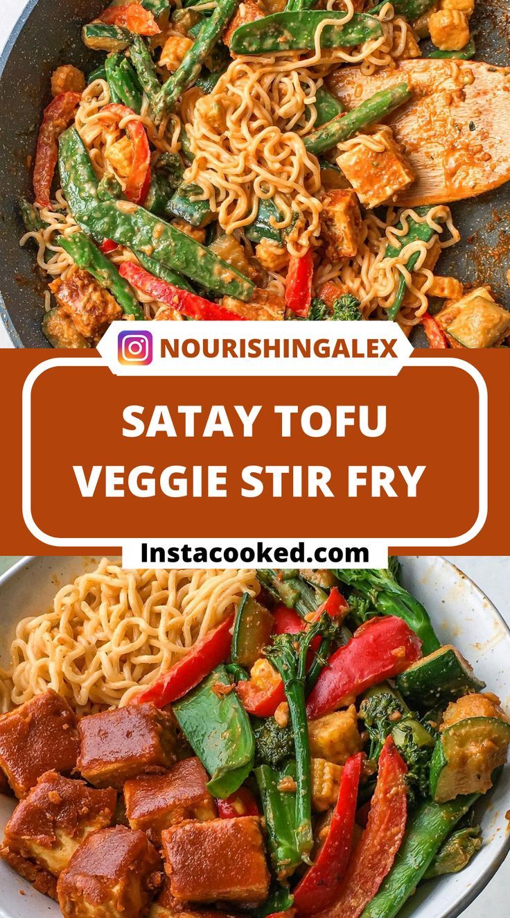 two pictures with the words satay tofu veggie stir fry in them