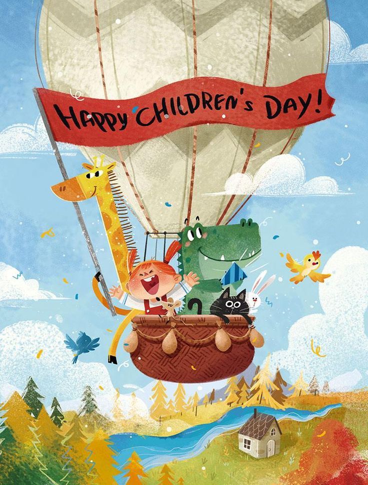 the children's day card features two animals in a hot air balloon