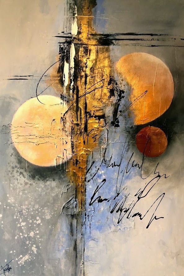 an abstract painting with two oranges on it