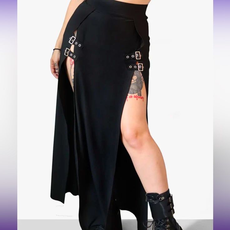 Nwt Never Worn Gothic Maxi Skirt For Spring, Black Gothic Long Skirt Bottoms, Gothic Black Asymmetrical Skirt, Black Gothic Long Skirt, Edgy Black Asymmetrical Skirt, Edgy Black Long Skirt, Edgy Long Black Skirt, Rock Style Lined Skirt, Black Asymmetrical Skirt With Belt Loops