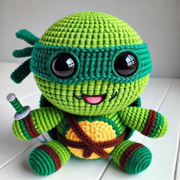 a green crocheted stuffed toy with big eyes