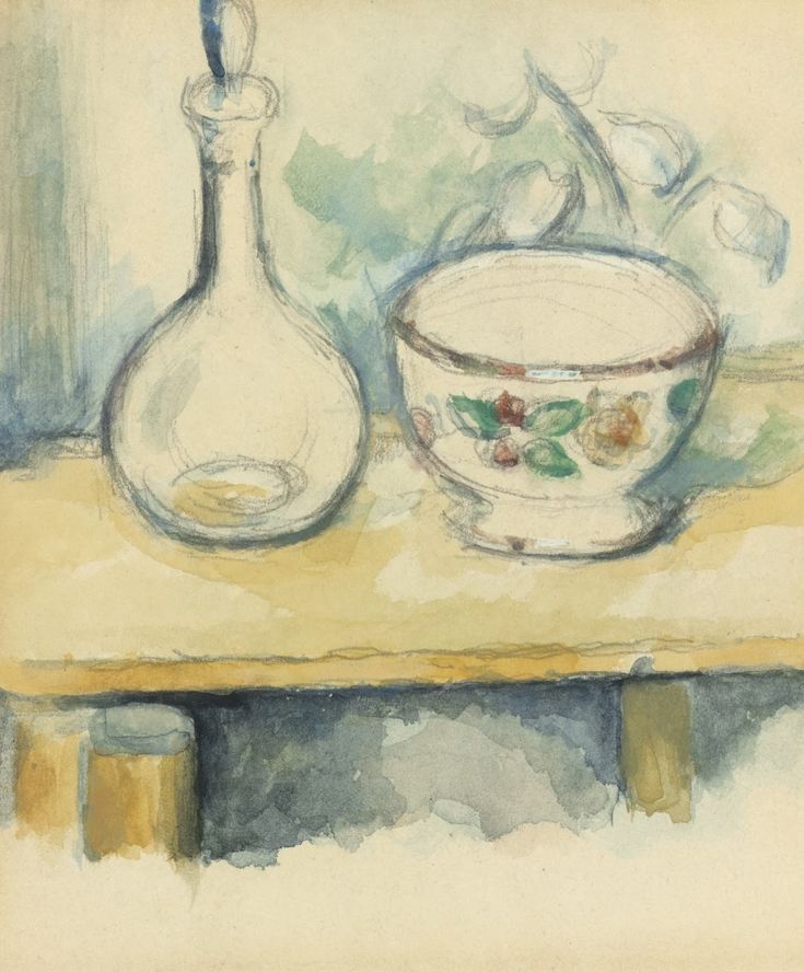 a watercolor painting of a bowl and bottle on a table with flowers in the background