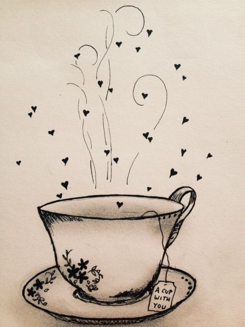 a drawing of a tea cup and saucer with steam rising out of the top