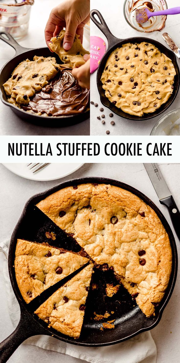 two pictures showing different types of cookies in pans with one being cut into slices