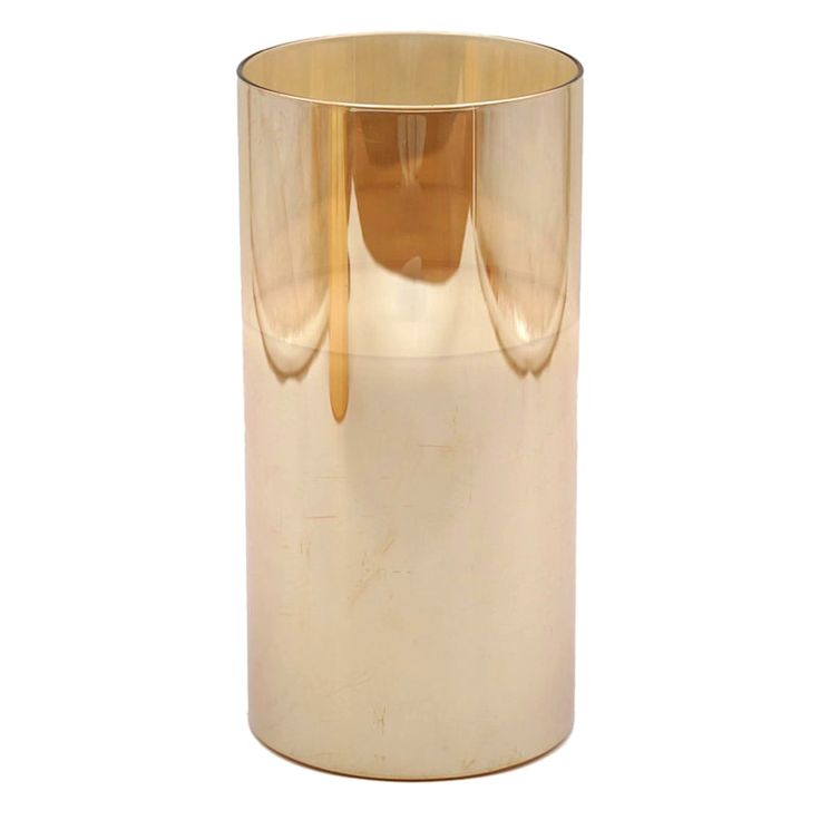 a gold colored glass vase with three curved handles and two narrow sides, on a white background