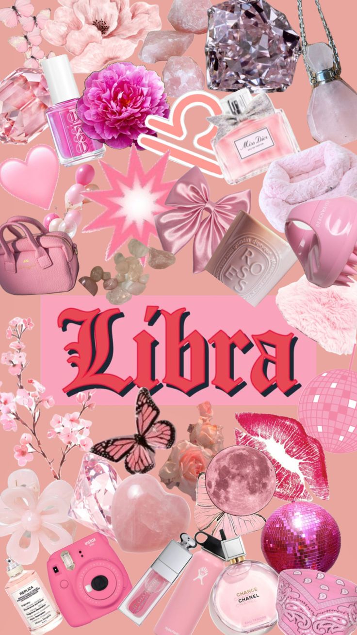 a collage of pink items with the word libra on it