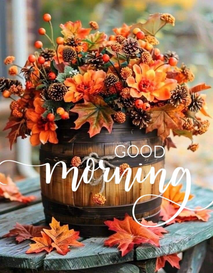 a wooden barrel with flowers and leaves on it that says good morning in white lettering