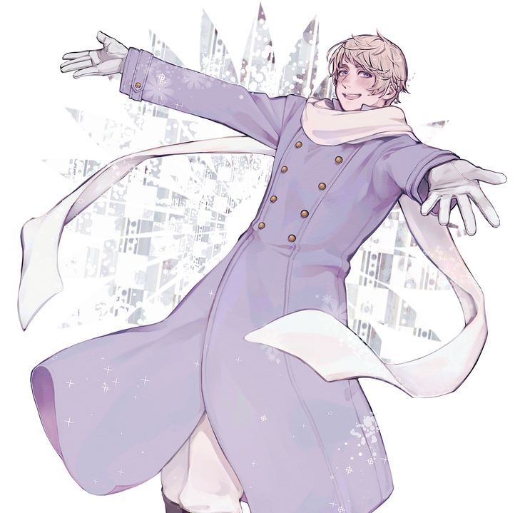 a drawing of a man in a purple coat and white scarf with his arms outstretched