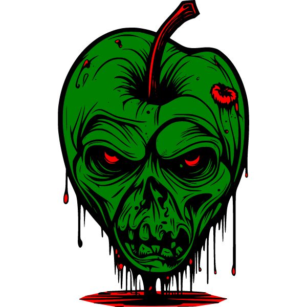 a green apple with red eyes and blood dripping down it's side, on a white background