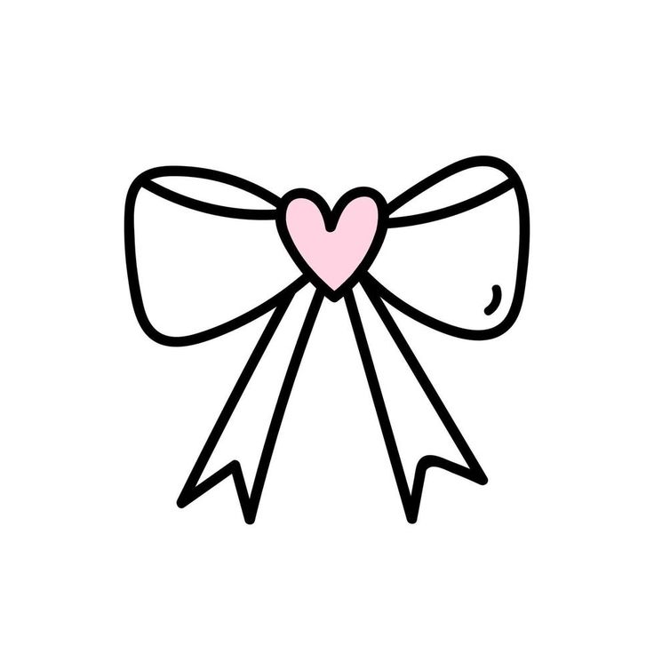 a bow with a heart on it and a ribbon tied around the bow is drawn by hand