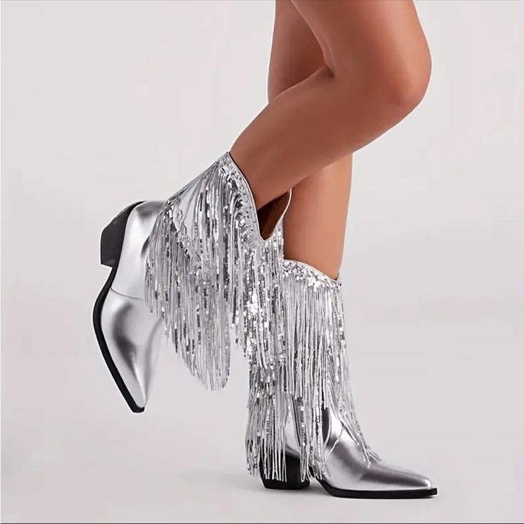 Womens Fringe Metallic Cowboy Boots Pointed Toe Chunky Heel Tassel Mid Calf Boots Boutique Brand !!*Please Note*!! *This Is A Pre-Order Item And Requires A Longer Than Usual Shipping Time. Please Allow 7-14 Business Days Before Shipping.* Please Consider This Time Frame Before Placing Your Order. Thank You For Your Patience And Understanding, As This Helps Us Manage Our Inventory Levels And Creates Less Waste. Once Your Ordered Is Placed We Will Notify You Of An Expected Shipping Date And We Wil Metallic Cowboy Boots, Taylor Concert, Fringe Cowboy Boots, Sparkly Boots, Concert Fit, Swift Concert, Concert Outfits, Super High Heels, Shoe Fits