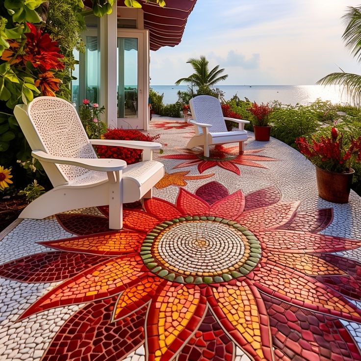 two white chairs sitting on top of a patio next to a flower covered walkway near the ocean