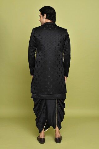 Black sherwani featuring leaf pattern. Paired with a solid sleeveless inner kurta and dhoti pant. - Aza Fashions Black Sherwani, Dhoti Pants, Band Collar, Full Sleeves, Aza Fashion, Leaf Pattern, Full Sleeve, Satin, Collar