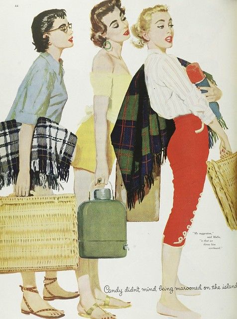 three women in plaid shirts and red pants are carrying luggage, one woman is holding a green purse