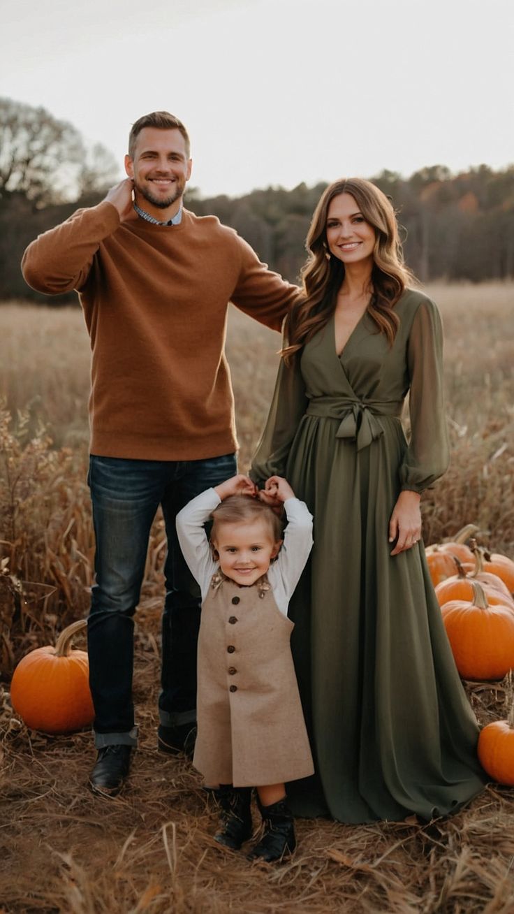 a man and woman standing next to a little boy in a field with pumpkins