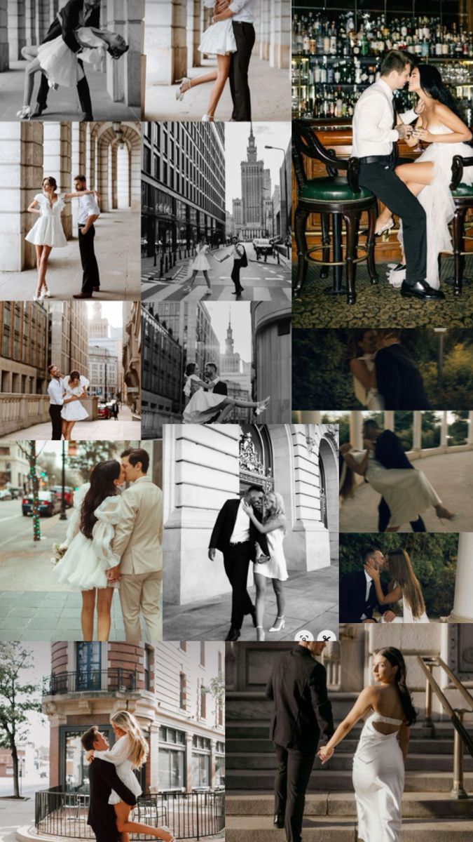 a collage of photos with people and buildings in the background