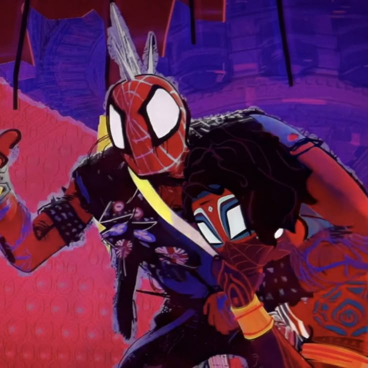 the spider - man is standing in front of a purple background with red and blue colors