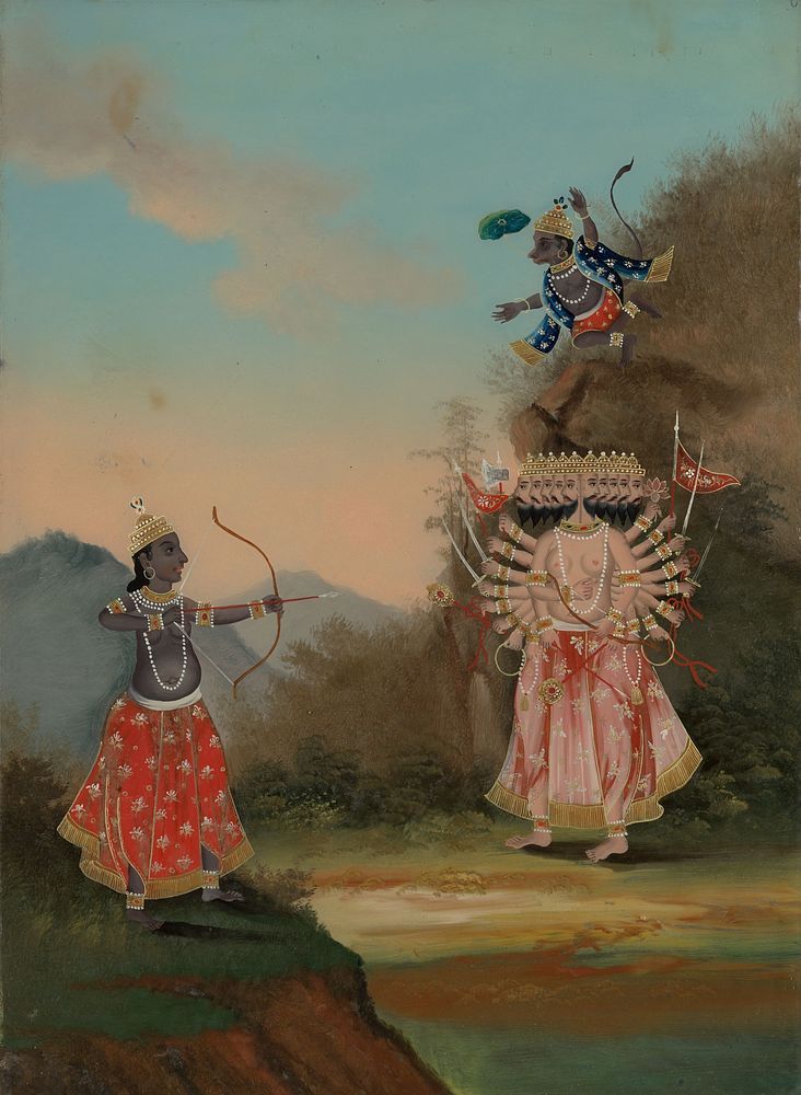 Rama (left) and Hanuman (above, right) fighting the demon Ravana (right). Oil  painting. | free image by rawpixel.com Indian God Art, God Illustration, Pencil Colours, Ram Hanuman, Hanuman Ji Wallpapers, Lord Rama Images, Durga Painting, Sri Rama, Hindu Dharma