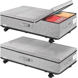 two grey storage boxes with lids and wheels on each side, one open and the other closed