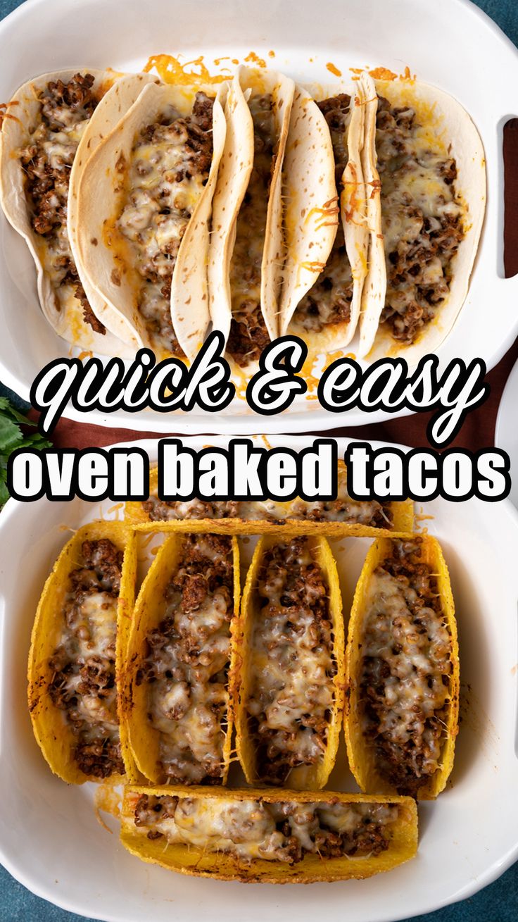 an image of quick and easy oven baked tacos on a plate with text overlay