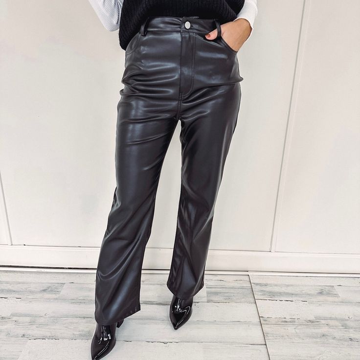 - Faux Leather - True to size - Model is pictured in a size small - Waist Measurements: S - 26" ; M - 28", L - 30" Faux Leather Wide Leg Pants For Fall, Stretch Faux Leather Pants With Pockets, High Waist Faux Leather Pants For Fall, Faux Leather Bottoms For Night Out In Fall, Chic Mid-rise Leather Pants For Fall, Fall Faux Leather Bottoms For Night Out, Winter Wide Leg Faux Leather Pants, Fall Night Out Faux Leather Bottoms, Fall Night Out Faux Leather Pants