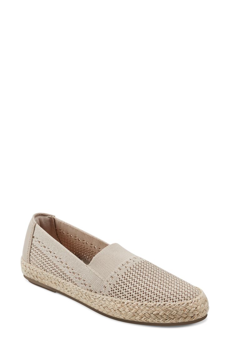 Mixed textures and a stretchy topline lend modern elements to an espadrille-inspired flat set on a cushioned footbed and jute-wrapped midsole. Cushioned footbed Textile and synthetic upper/textile lining/synthetic sole Imported Spring Synthetic Espadrilles With Textured Footbed, Beige Slip-on Espadrilles With Textured Sole, Beige Synthetic Espadrilles With Woven Sole, Beige Synthetic Espadrilles With Textured Sole, Textile Slip-ons With Textured Sole For The Beach, Beige Slip-on Espadrilles With Woven Sole, Beige Slip-ons With Woven Sole For Spring, Casual Synthetic Espadrilles With Textured Sole, Comfortable Natural Espadrilles With Textured Footbed