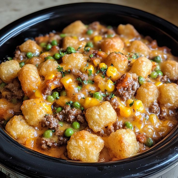 a crock pot filled with some tasty looking tater tots and peas