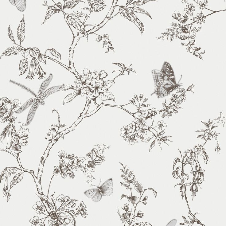 a black and white photo of flowers with butterflies on it's back wallpaper