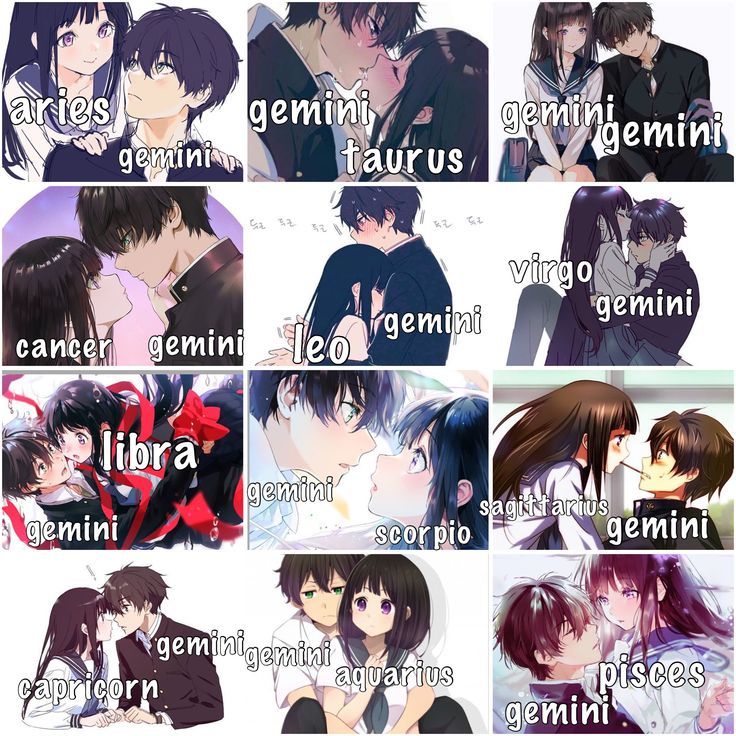 some anime characters with different expressions and words in their faces, one is kissing the other