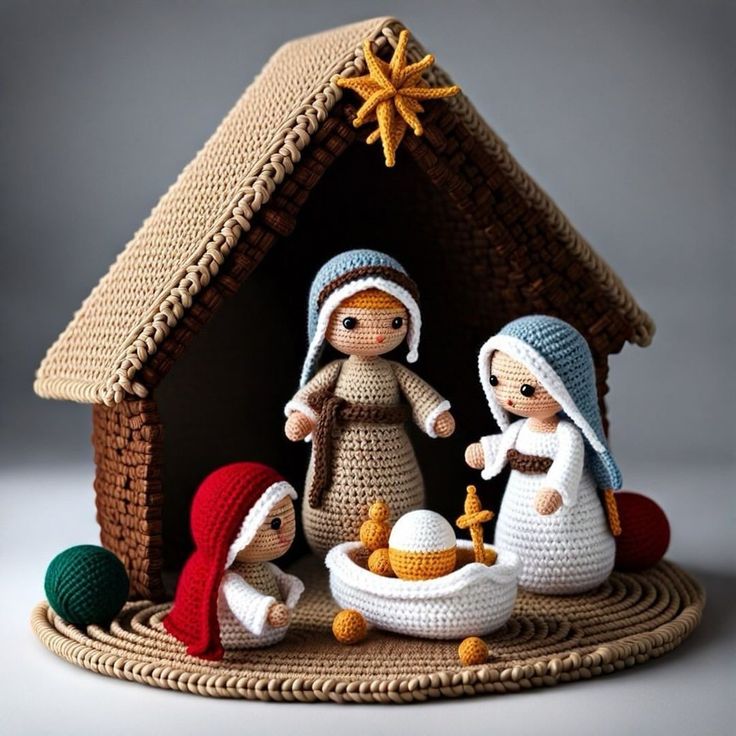 a crocheted nativity scene with three people and a baby in a manger