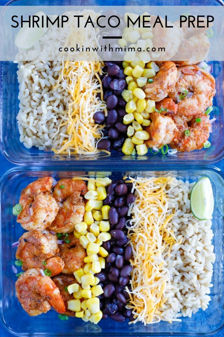 two plastic containers filled with shrimp taco meal prepped and ready to be eaten