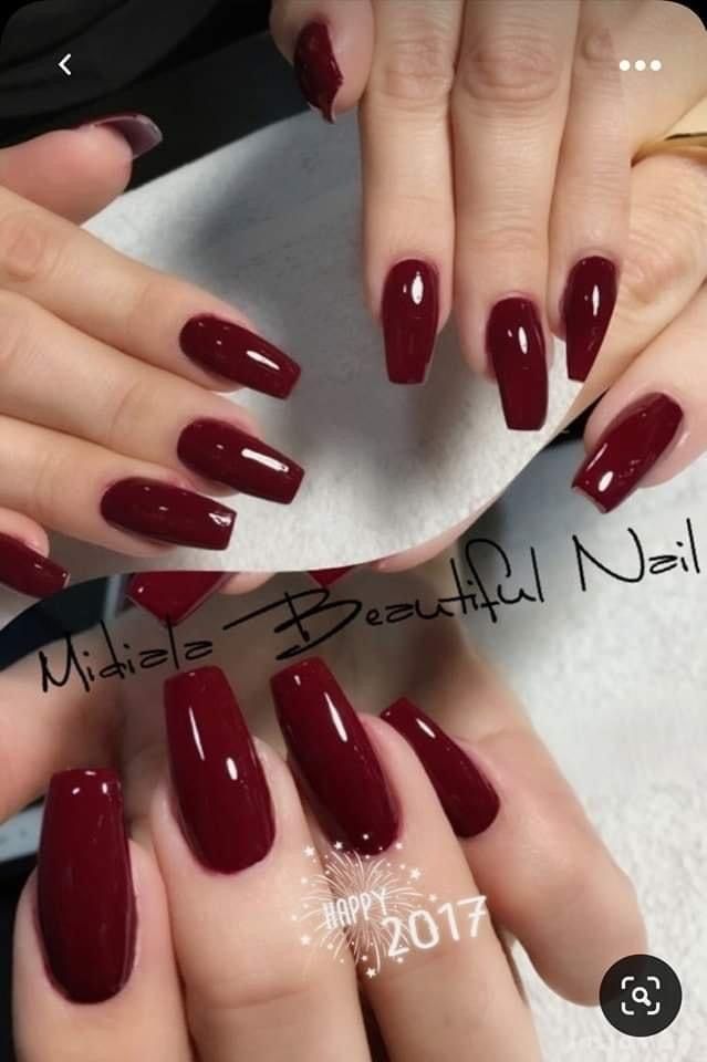 Nail Ideas Wine Color, Glossy Red Acrylic Nails, Classic Red Acrylic Nails, Deep Red Coffin Acrylic Nails, Rich Red Nails, Dark Red Glossy Nails, Deep Red Nails Coffin, Dark Red Wedding Nails, Burgundy Ballerina Nails