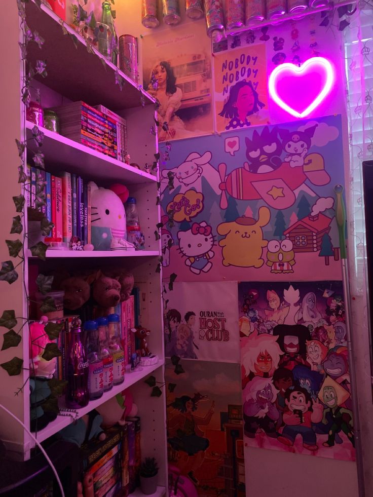 a room filled with lots of shelves covered in cartoon pictures and neon lights above them