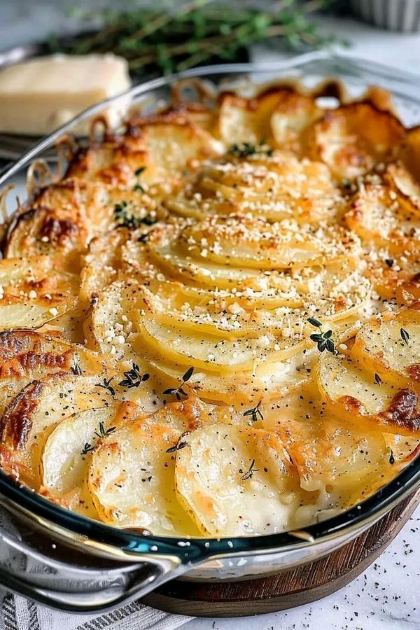 a casserole dish with potatoes and herbs in it on a white table cloth