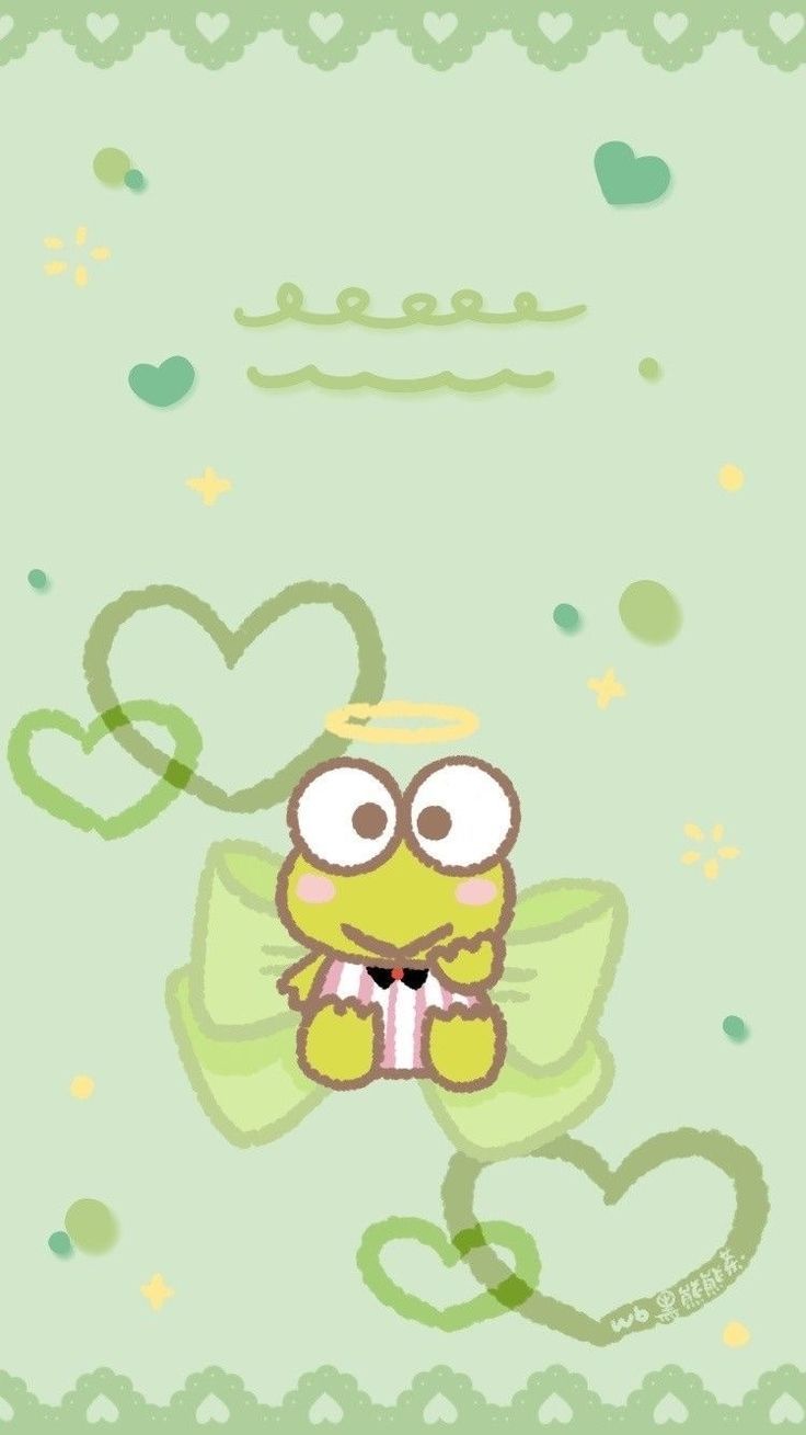 a cartoon character holding a cupcake in front of two hearts on a green background