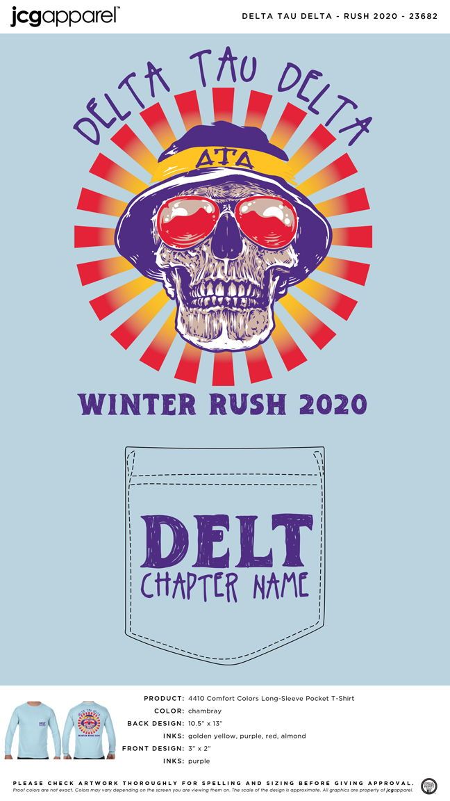 an advertisement for delta tau delta with a skull wearing a hat and sunglasses on it