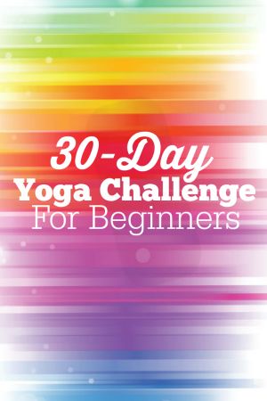 the 30 - day yoga challenge for beginners is shown with rainbow stripes and text