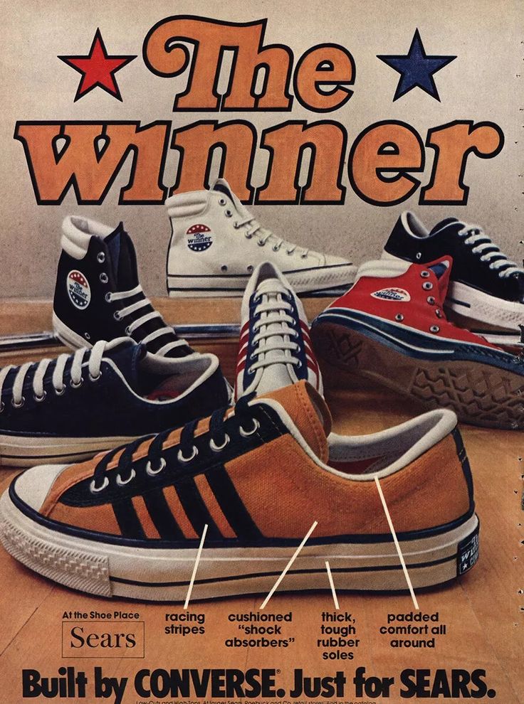 1974 Converse Shoes: The Winner Built By Converse Vintage Print Ad | eBay Converse Vintage, 80s Shoes, Converse Tennis Shoes, Shoes Ads, Vintage Converse, Retro Advertising, Vintage Sneakers, Racing Stripes, Retro Sneakers