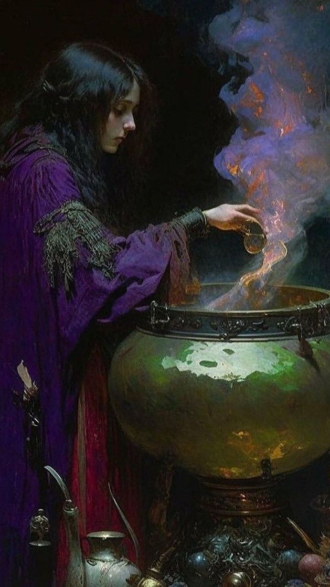 a painting of a woman stirring something in a large pot with steam coming out of it