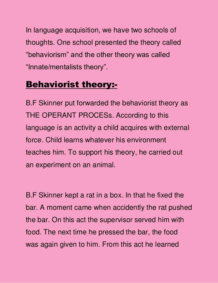 a pink poster with the words behavinist theory in black and white on it