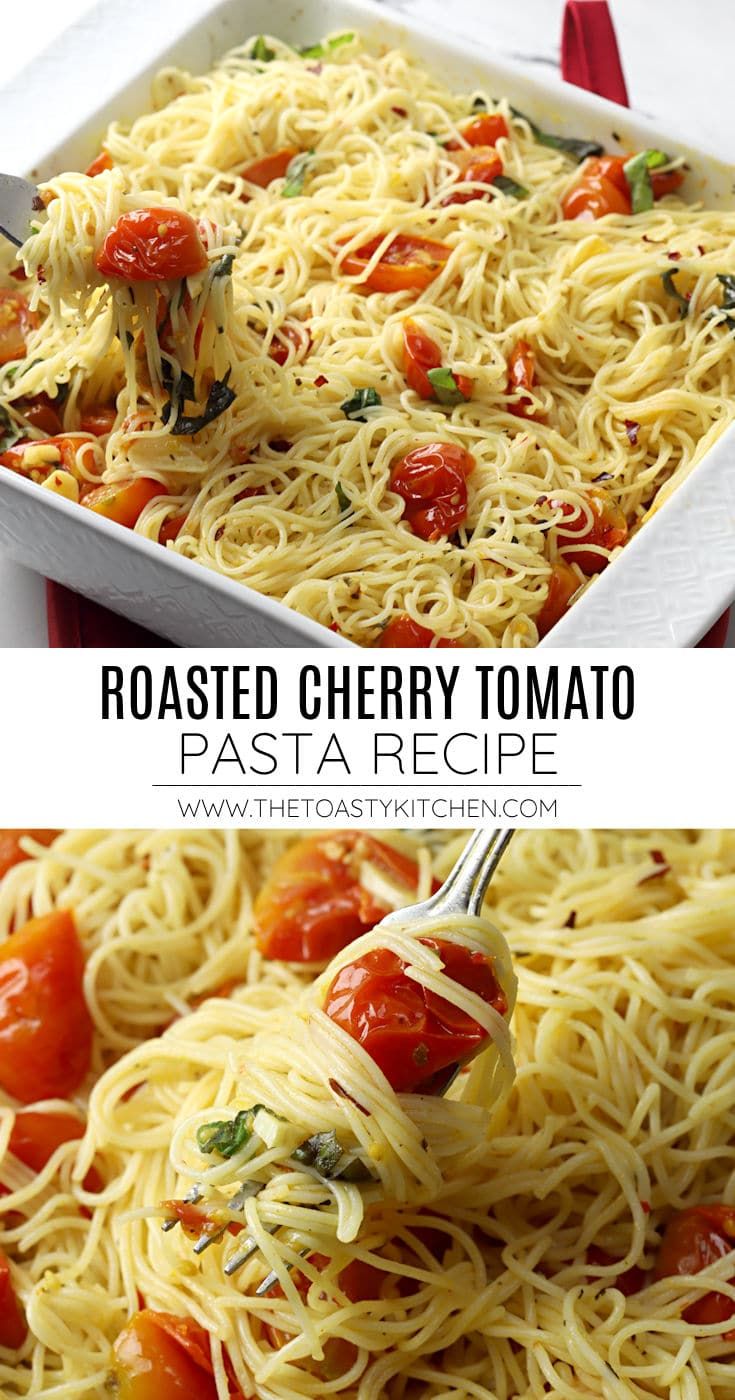 roasted cherry tomato pasta in a white casserole dish