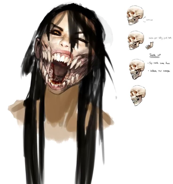 a drawing of a woman with long hair and skulls on her face