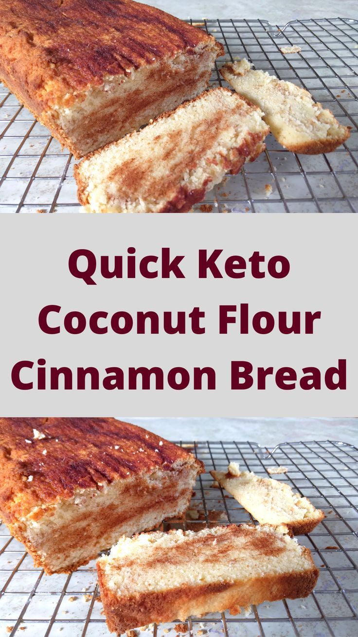 quick keto coconut flour cinnamon bread is cooling on a wire rack with text overlay that reads quick keto coconut flour cinnamon bread