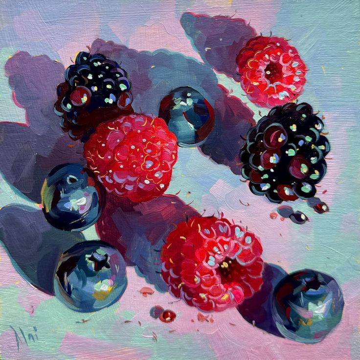 an oil painting of raspberries and blackberries on a pink background with bubbles