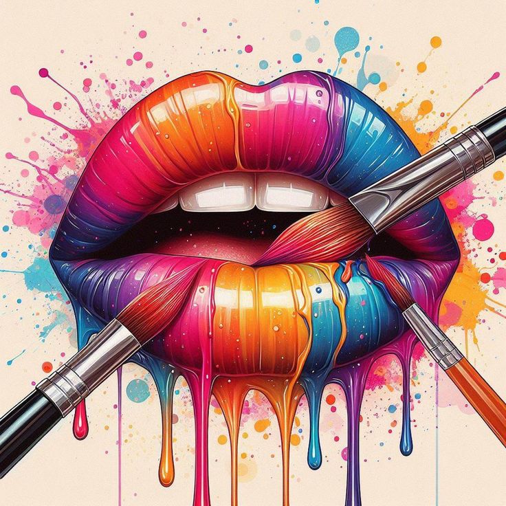 a painting of a colorful lip with paint dripping on it and two brushes sticking out of the lip