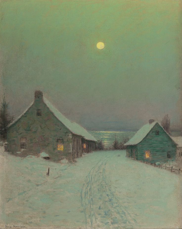 a painting of a snow covered farm with the moon in the sky above it and two barns