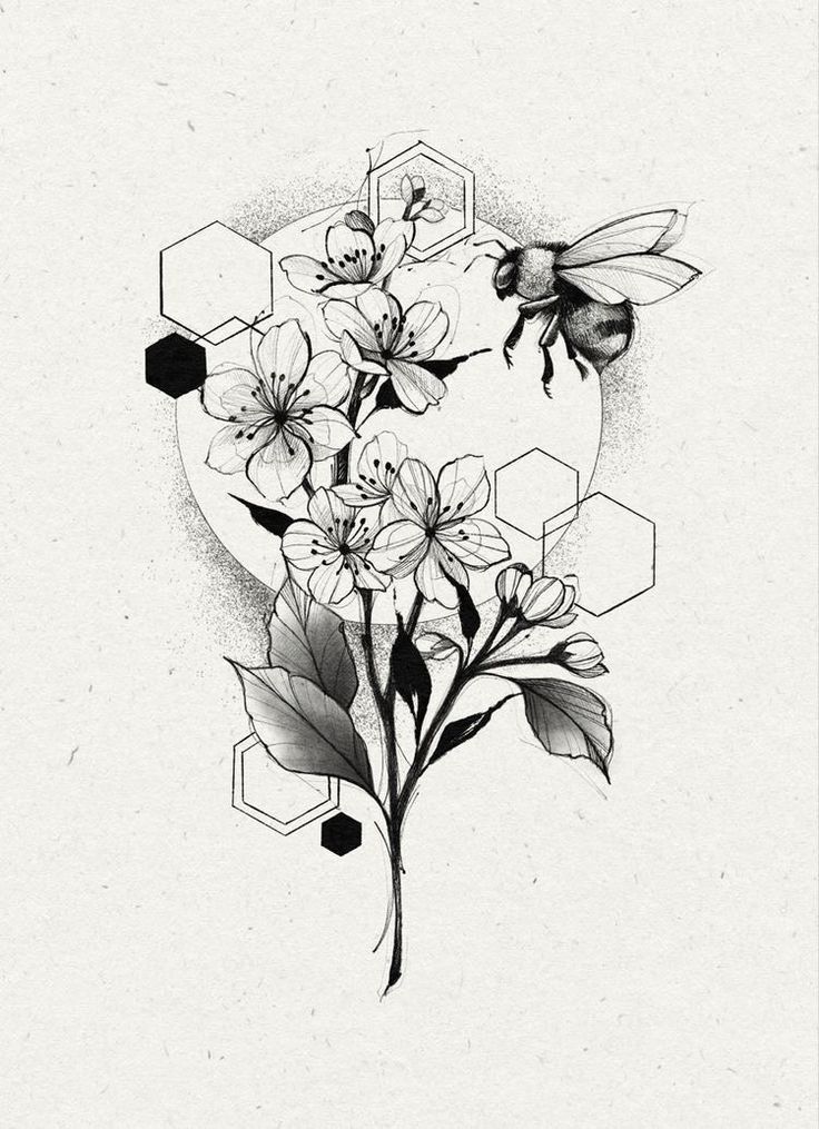 a black and white drawing of flowers with honeybees on the side, surrounded by hexagonal shapes