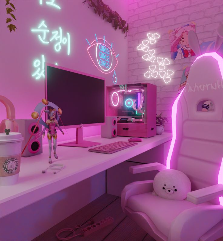 a computer desk topped with a desktop computer next to a pink neon light filled wall